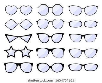 Glasses silhouette. Stylish frame eyeglasses, black eyewear models. Fashion spectacles glass. Hipster sunglasses. Vector isolated icons set