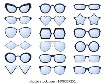 Glasses silhouette. Various eyeglasses frames for men and women fashionable sunglasses. Optical vision glasses of different shapes isolated vector eyewear set
