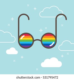 Glasses in the sky with rainbow reflection. LGBT concept
