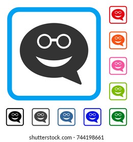 Glasses Smiley Message icon. Flat gray pictogram symbol inside a blue rounded rectangle. Black, gray, green, blue, red, orange color variants of Glasses Smiley Message vector.