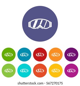 Glasses for snowboarding set icons in different colors isolated on white background