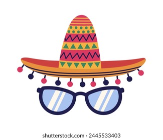 Glasses with sombrero, vector illustration. A fun Mexican accessory for celebrating Cinco de Mayo, carnival, fiesta, party. Cool eyeglass, a hat with a colorful ball fringe, pattern. Hand drawn doodle