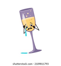 Glasses of sparkling wine character with crying and tears emotion, sad face, depressive eyes, arms and legs. Alcohol man with melancholy expression, glass container for holidays and parties. Vector