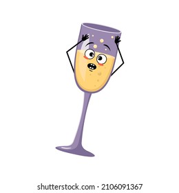Glasses of sparkling wine character with emotions in panic grabs his head, surprised face, shocked eyes, arms and legs. Alcohol man with scared expression, glass container for holidays and parties