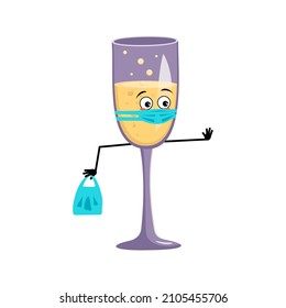 Glasses of sparkling wine character with sad emotions, face and mask keep distance, hands with shopping bag and stop gesture. Alcohol man with care expression, glass container for holidays and party