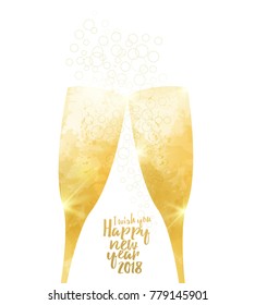 Glasses of sparkling wine with stains texture. Effect lights, sparkles and bubbles. Suitable for your designs Christmas, New Year, events and celebrations. Vector illustration