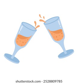 Glasses with splashes of champagne on white background