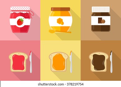 glasses of spread jam chocolate honey with toast and knife flat icons with shadow