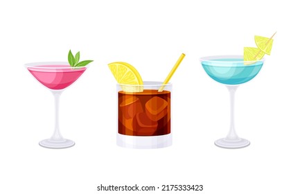 Glasses of summer alcoholic or non alcoholic cocktails set vector illustration