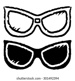 Glasses, sunglasses black hand drawn sketch icons set isolated on white background