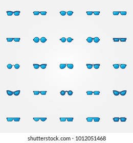 Glasses and sunglasses blue vector icons set. Creative eyeglasses signs or logo elements