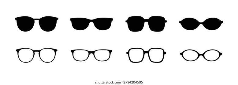 Glasses and Sunglasses icon set . various modern classic retro eyewear shapes fashion accessory collection black and white . eps10
