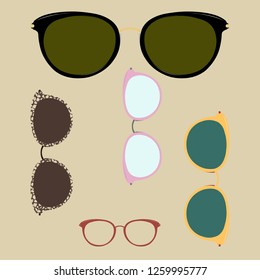 Glasses and sunglasses isolated on light background for applying on a portrait