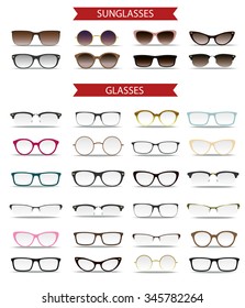 Glasses and sunglasses isolated on white background. Vector illustration, big collection of glasses icon.