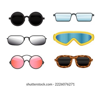 Modelos de gafas y gafas de sol. Accesorios modernos de moda para protección solar y corrección visual ilustración vectorial plana
