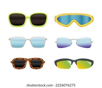 Glasses and sunglasses models set. Summer eyewear, sun protection sunglasses and spectacles flat vector illustration