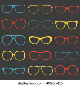 Glasses and sunglasses outline set.  Colorful sunglasses silhouettes.  Vector illustration.