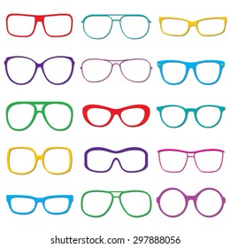 Glasses and sunglasses outline set isolated on white background. Colorful sunglasses silhouettes. Vector illustration.