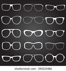 Glasses And Sunglasses Outline Set. Sunglasses White Silhouettes Isolated On Black Background. Vector Illustration.