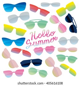 Glasses and sunglasses set and text Hello summer. Color vector illustration.