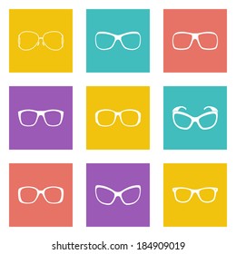 Glasses and sunglasses silhouettes color set. Vector illustration.