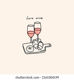 Glasses of sweet or dry Wine. Rose wine, wooden plate with bakery. Traditional wine snacks. Hand drawn modern Vector illustration. Logo, icon, menu design template