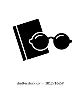 Glasses with textbook, silhouette icon. Reading paper books. Outline emblem of leisure. Black simple illustration of poor eyesight, elevate mind. Flat isolated vector pictogram, white background