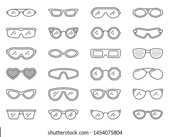 Glasses Thin Line Icon Set. Eye Frame Collection Of Simple Outline Signs. Sunglass Symbol In Linear Style. Hipster, Nerd, Optic Eyeglasses, Contour Icons Design. Isolated On White Vector Illustration