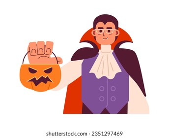 Brillen Vampire, die einen Trick halten oder Korb mit einem halbflachen Vektorsymbol behandeln. Dracula mit Süßigkeiten. Bearbeitbare halbe Person auf Weiß. Einfache Cartoon-Spot-Illustration für Web-Grafikdesign