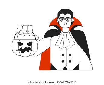 Glasses vampire holding trick or treat basket monochromatic flat vector character. Dracula costume. Editable thin line half body person on white. Simple bw cartoon spot image for web graphic design