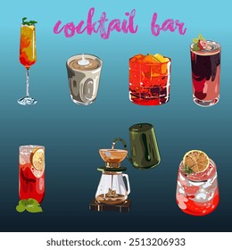 copos de várias bebidas coloridas com gelo e guarnições de frutas, em uma mesa em frente a uma janela com vista para o mar, fatias de limão e mirtilos em alguns deles