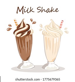 Die Gläser verschiedener Milchshakes (Schokolade und Vanille) einzeln auf weißem Hintergrund. Vektorgrafik.