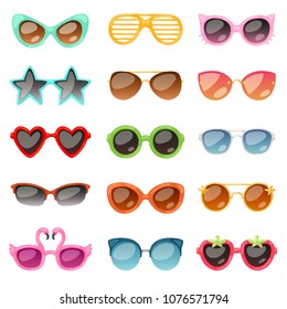 Glasses Vector Cartoon Eyeglasses Or Sunglasses In Stylish Shapes For Party And Fashion Optical Spectacles Set Of Eyesight View Accessories Illustration Isolated On White Background