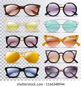 Glasses vector cartoon eyeglasses or sunglasses in stylish shapes for party and fashion optical spectacles set of eyesight view accessories illustration isolated on transparent background