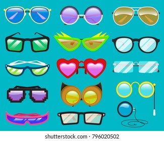 Glasses Vector Cartoon Eyeglasses Or Sunglasses In Heart Funny Shape For Party And Accessories For Hipsters Fashion Optical Spectacles Eyesight View Set Illustration Isolated On Background