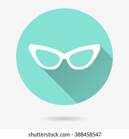 Glasses   vector icon with long shadow. White illustration isolated on green background for graphic and web design.  
