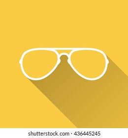 Glasses vector icon with long shadow. White illustration isolated on yellow background for graphic and web design.