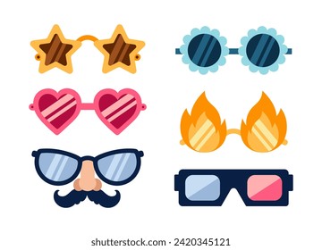 Juego de iconos vectoriales de lentes. Gafas de sol elegantes en forma de estrella, flor, corazón, llama. Máscara divertida con bigote y nariz, gafas 3D. Coloridos accesorios de los años 60-70. Para una fiesta, cumpleaños, carnaval