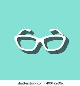 Glasses vector icon with shadow. White illustration isolated on green background for graphic and web design.