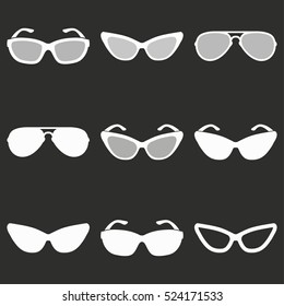 Glasses vector icons set. White illustration isolated on black background for graphic and web design.