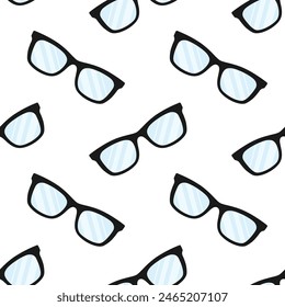 Glasses vector seamless pattern. Black frames with blue lenses on white background.