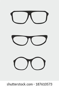 Glasses vector set with black holder retro hipster object isolated on grey background. Medical huge eye glasses shilouette collection. Sign of intelligence, professor, secretary or school teacher