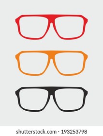 Glasses vector set with black, yellow and red holder retro hipster object isolated on grey background. Medical silhouette collection. 