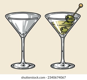 Glasses with vermouth colorful sticker with green martini decorated with olives on skewer for advertising products Italian winery vector illustration