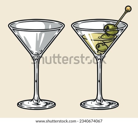 Glasses with vermouth colorful sticker with green martini decorated with olives on skewer for advertising products Italian winery vector illustration