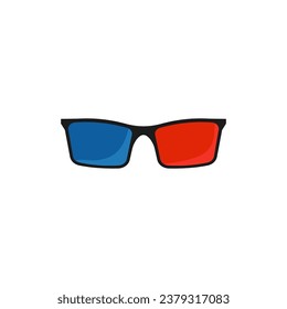 Glasses for viewing 3d video. Plastic cinema accessory with red and blue lenses for comfortable trip to cinema with convenient vector pastime