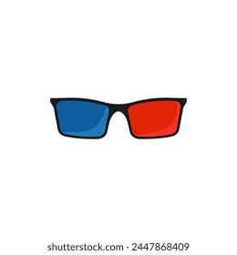 Glasses for viewing 3d video. Plastic cinema accessory with red and blue lenses for comfortable trip to cinema with convenient vector pastime