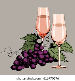 Glasses with vine. Grapes between them. Vector illustration on light brown background