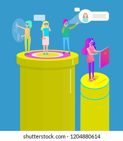Glasses virtual reality vision cartoon style vector banner. People in goggles standing on round spot and playing games on screen or projecting picture