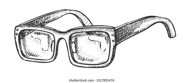 Glasses Vision Correction Accessory Retro Vector. Rectangular Optical Diopter Glasses For Reading. Men Specs Optics Eyewear Engraving Mockup Hand Drawn In Vintage Style Black And White Illustration